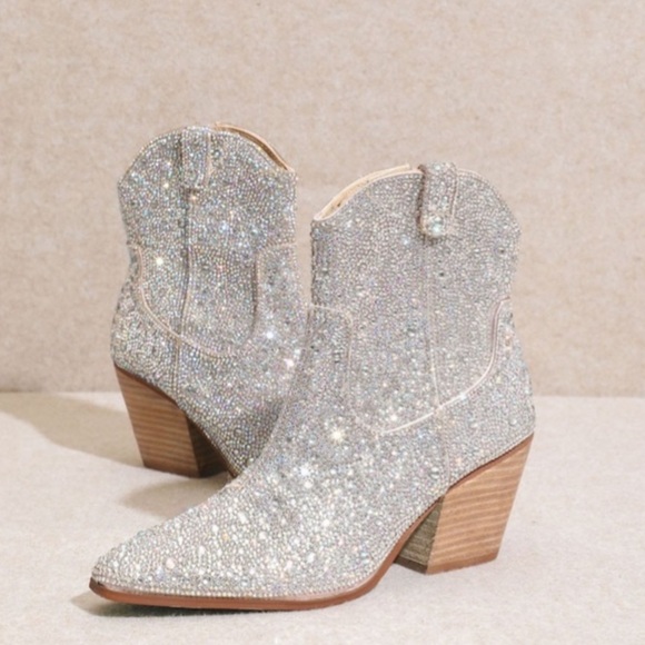 MIIM ANGEL Silver Rhinestone Gem Embellished Ankle Western Heeled Cowboy Boots - Picture 12 of 12